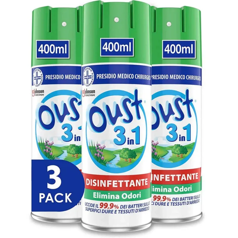 Promozione 3 x Oust 3in1 Spray Deodorante Disinfettante Superfici e Tessuti Promo pack