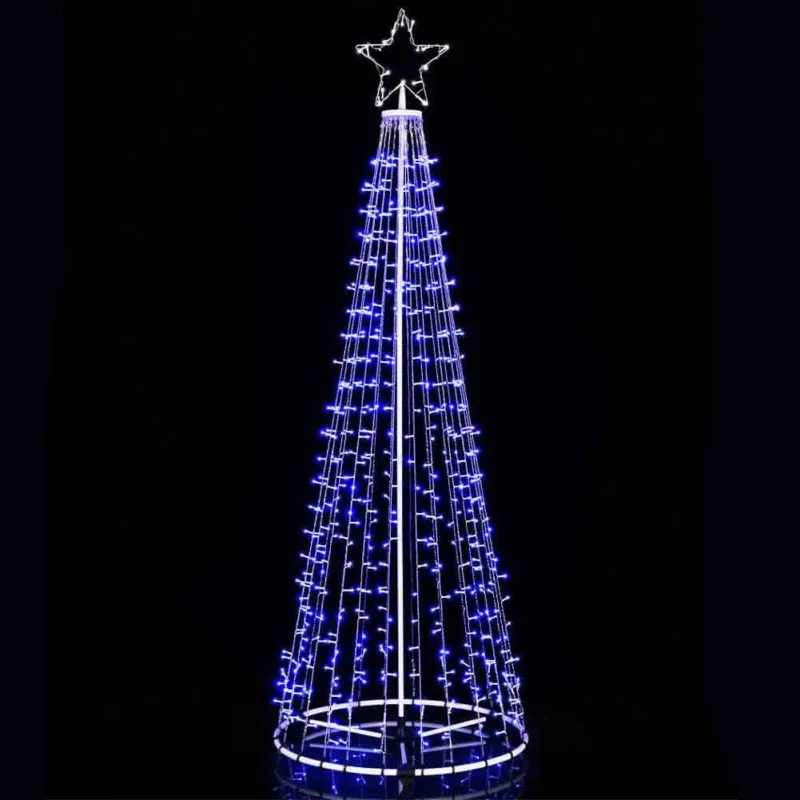 Albero Natale Luminoso 224 cm 592 LED BLU 8 Giochi Luce in Metallo per Esterno Promo Stagionale