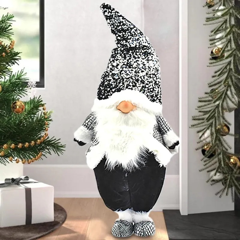 Professionale Gnomo Folletto Babbo Natale Altezza 55cm con Pailettes Nero e Argento Natalizio