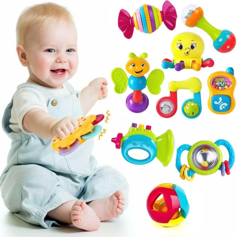 10x Giocattoli Bambini Neonati Prima Infanzia Giochi Sonagli Massaggia Gengive Solo Oggi