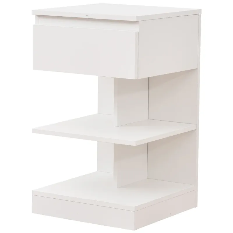 Comodino Mobiletto Moderno 1 Cassetto e 2 Ripiani Salvaspazio Bianco 39x39x65cm Non Perdere