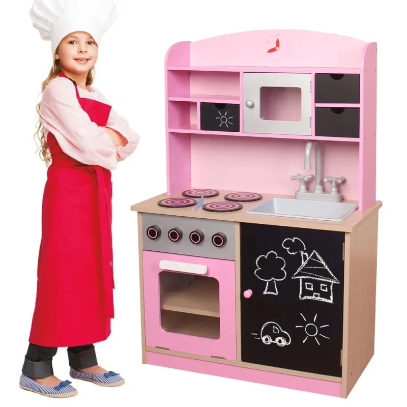 Acquista Ora Cucina Legno Giocattolo per Bambini con Anta e Cassetti Lavagna 60x30x90cm Rosa