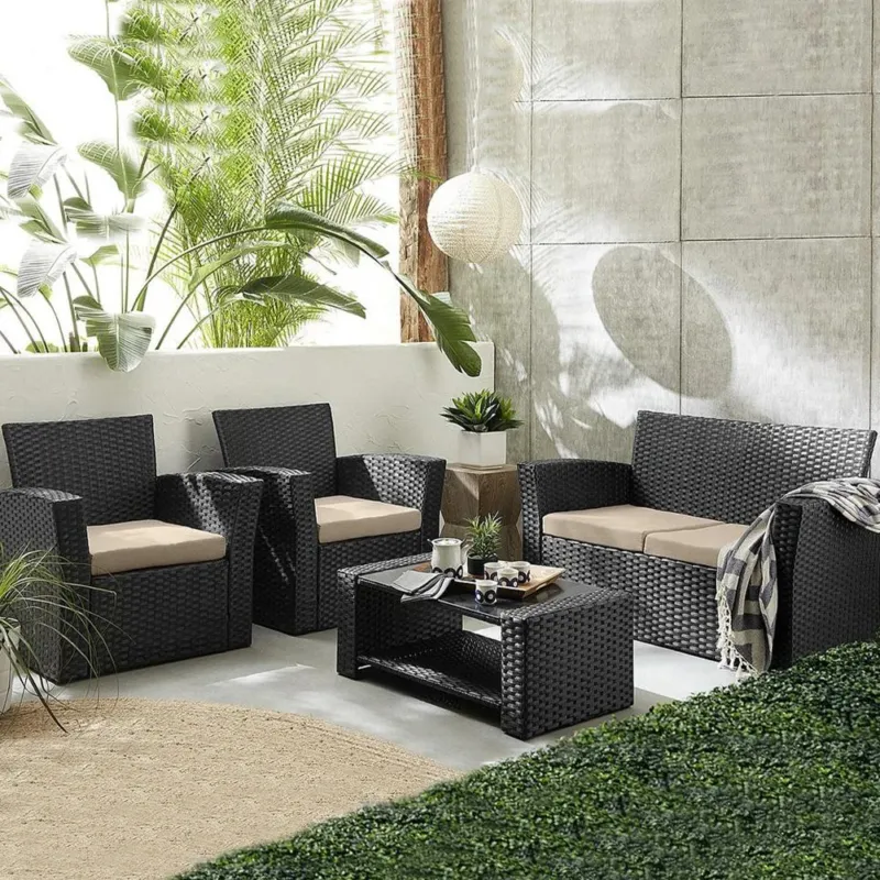 Economico Set da Giardino Nero con 2 Poltrone + Tavolino Rattan + Divano da Esterno
