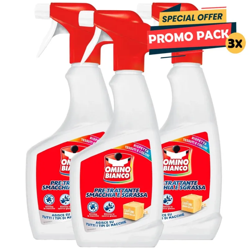 Solo Oggi Omino Bianco Smacchia e Sgrassa 2 in 1 Pre-Trattante Spray 3 x 500 ml Smacchiante