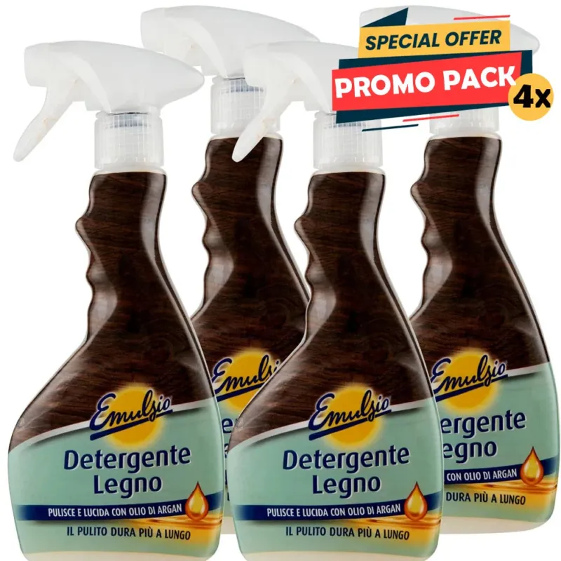 Emulsio Detergente Legno Spray Pulente e Lucidante con Olio d‘Argan 4 x 375 ml Soddisfatti O Rimborsati