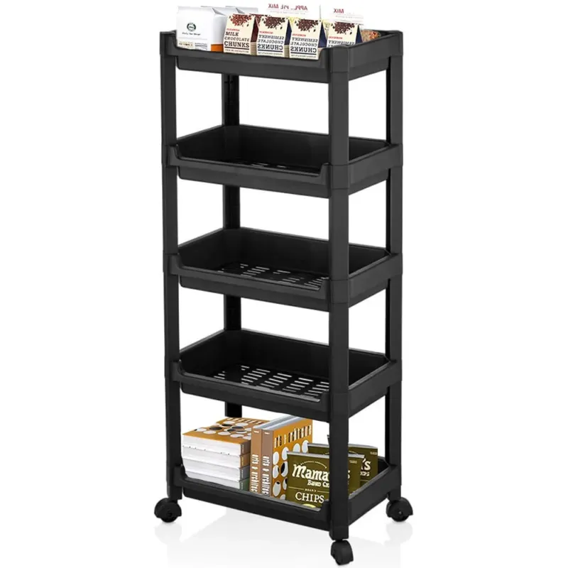 Carrello Salvaspazio Cucina Bagno Scaffale Portaoggetti Multiuso Nero 5 Ripiani Offerta Speciale