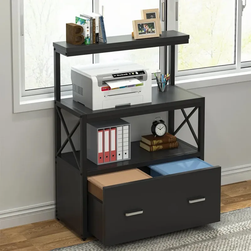Compra Online Scaffale Portaoggetti Multiuso Mobile Nero 3 Ripiani e 1 Cassetto Casa Ufficio