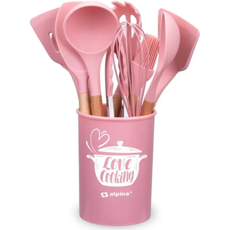 Miglior Prezzo Set Utensili da Cucina Rosa e Supporto 12 Pezzi Utensili Silicone Manico Legno