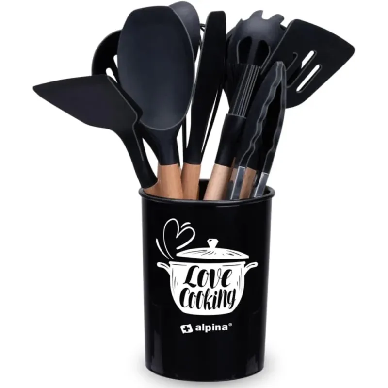Set Utensili da Cucina Nero e Supporto 12 Pezzi Utensili Silicone Manico Legno Soddisfatti O Rimborsati