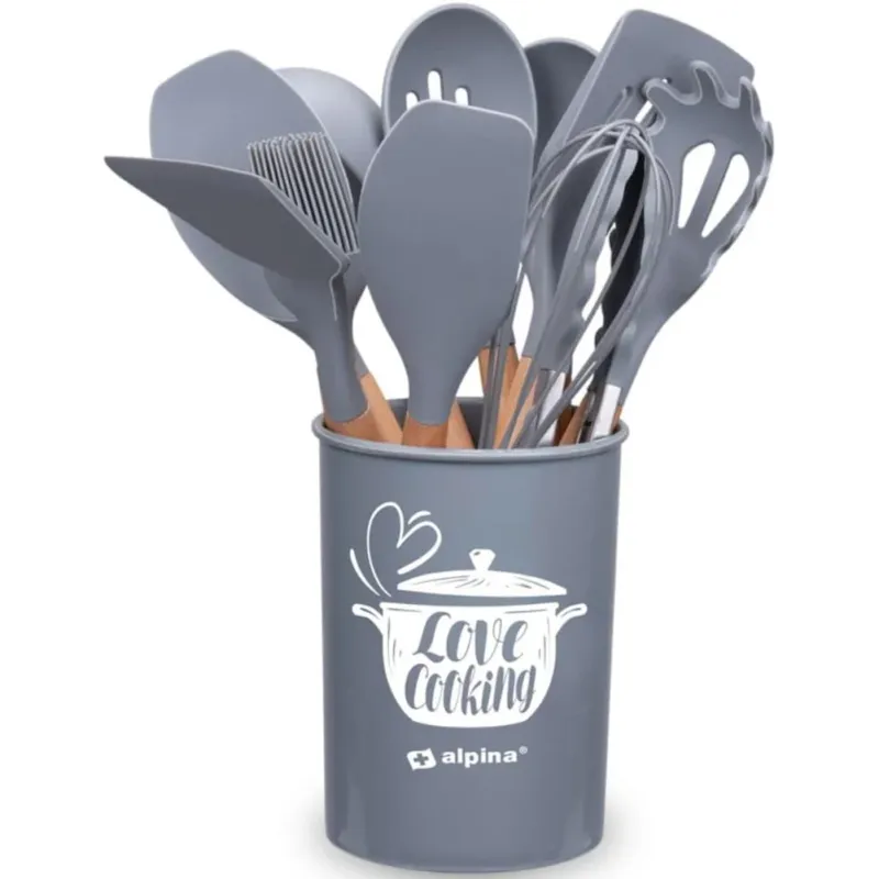 Prezzo Basso Set Utensili da Cucina Grigio e Supporto 12 Pezzi Utensili Silicone Manico Legno