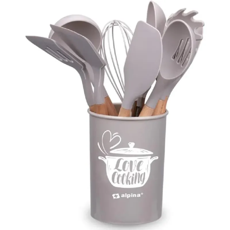 Set Utensili da Cucina Tortora e Supporto 12 Pezzi Utensili Silicone Manico Legno Occasione