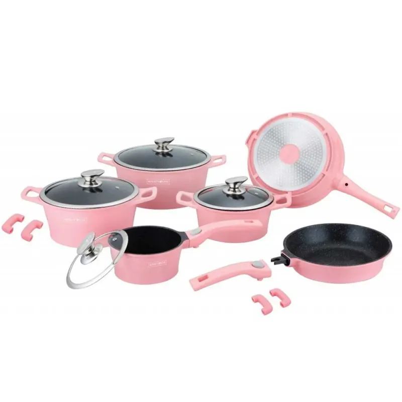 Nuova Collezione Set di Batterie Pentole e Padelle 14 Pz Antiaderente In Pietra RL-ES2014M Rosa