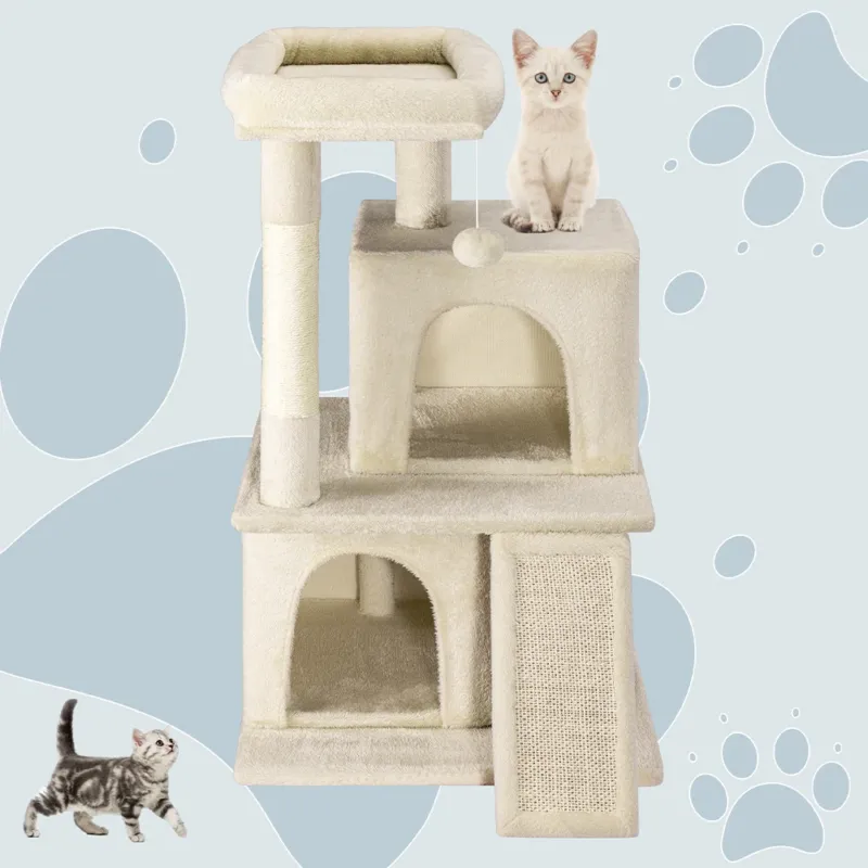 Albero Tiragraffi Rifugio per Gatti Graffiatoio Beige per Felini Cucce 3 Livelli Prezzo Basso