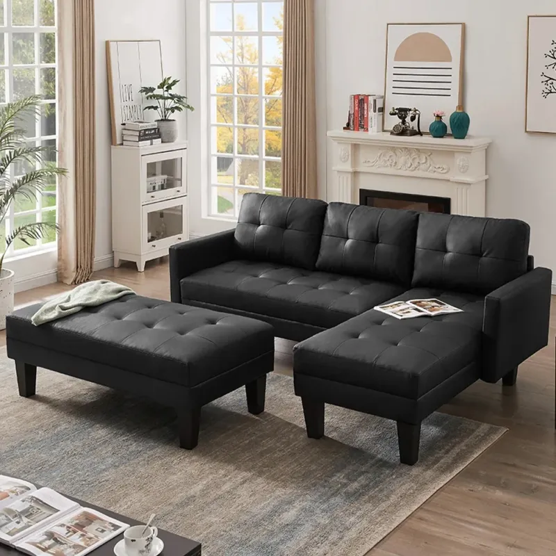 Divano con Penisola Forma L 6 Posti Reversibile Componibile in Pelle Nero e Pouf Scelto Dai Clienti