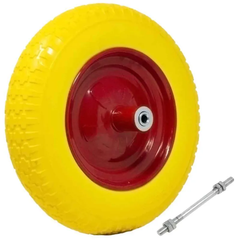 Prezzo Di Fabbrica Ruota Piena Antiforatura PU Gialla per Carriola 35cm + Asse Lungo 210mm Acciaio