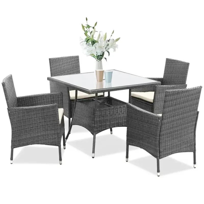 Soddisfatti O Rimborsati Salotto da Giardino Set 5 Pezzi in Polyrattan Esterno Grigio Chiaro Cuscini Beige