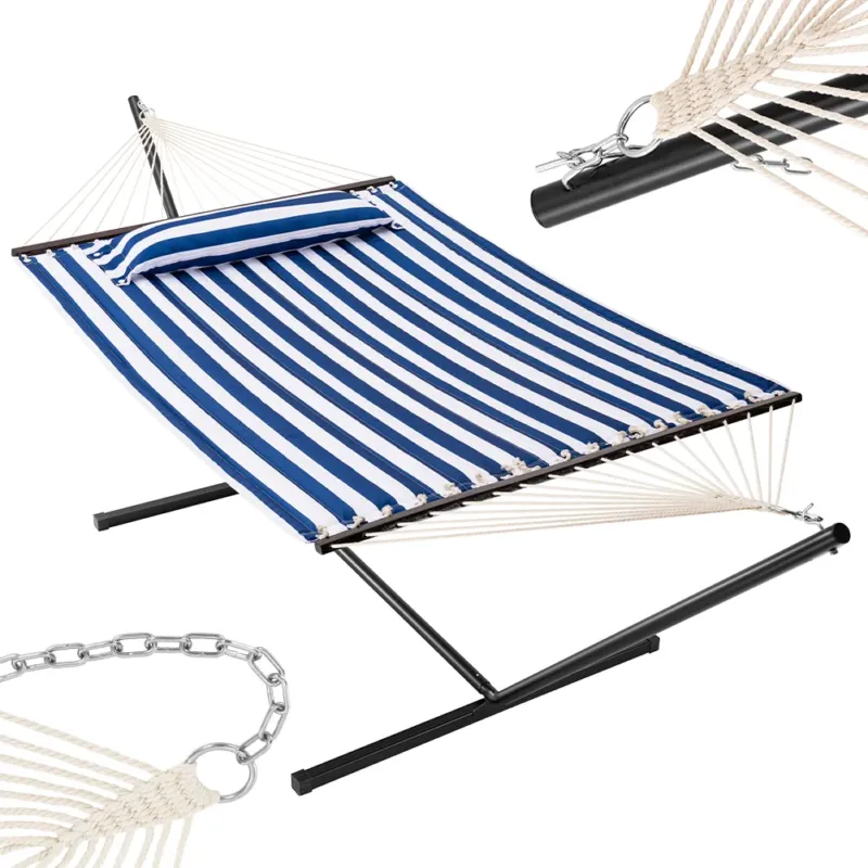 Offerta Amaca Giardino Brasiliana Blu Bianco 1 Cuscino e Supporto Acciaio Portata 200 kg