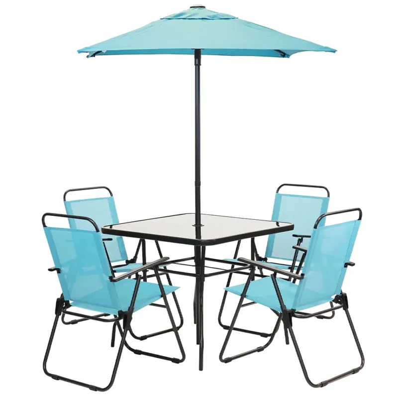 Pagamento Sicuro Set da Pranzo 6 Pezzi per Giardino con Ombrellone e 4 Sedie Pieghevoli Celeste