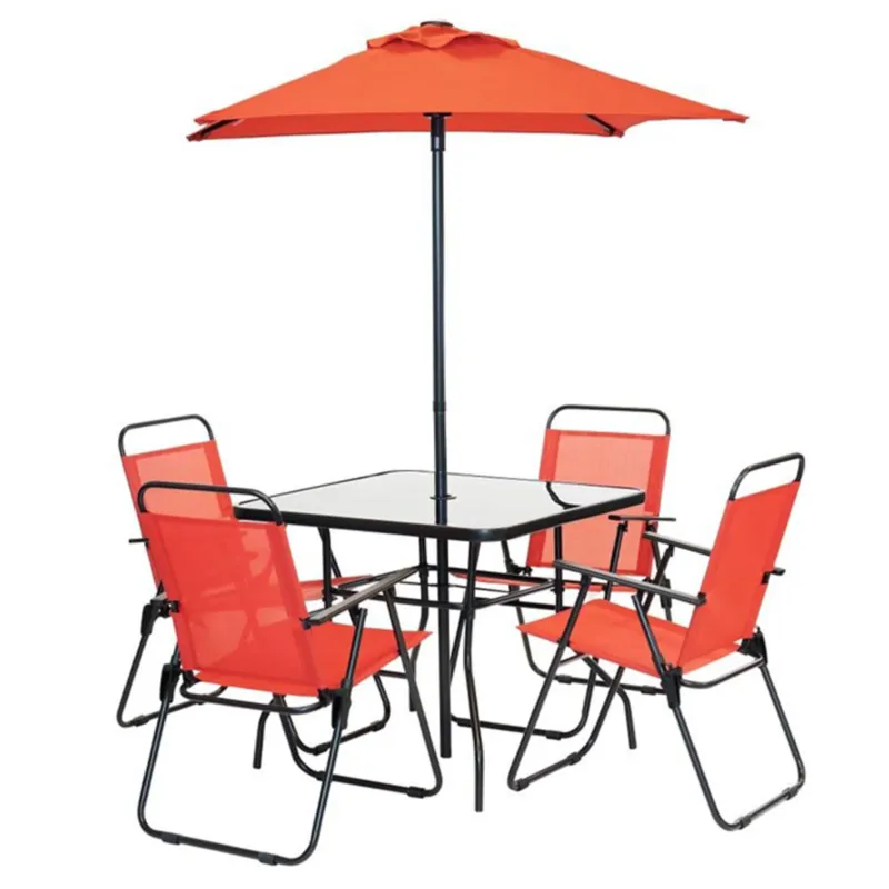Set da Pranzo 6 Pezzi per Giardino Patio con Ombrellone 4 Sedie Pieghevoli Rosso Offerta