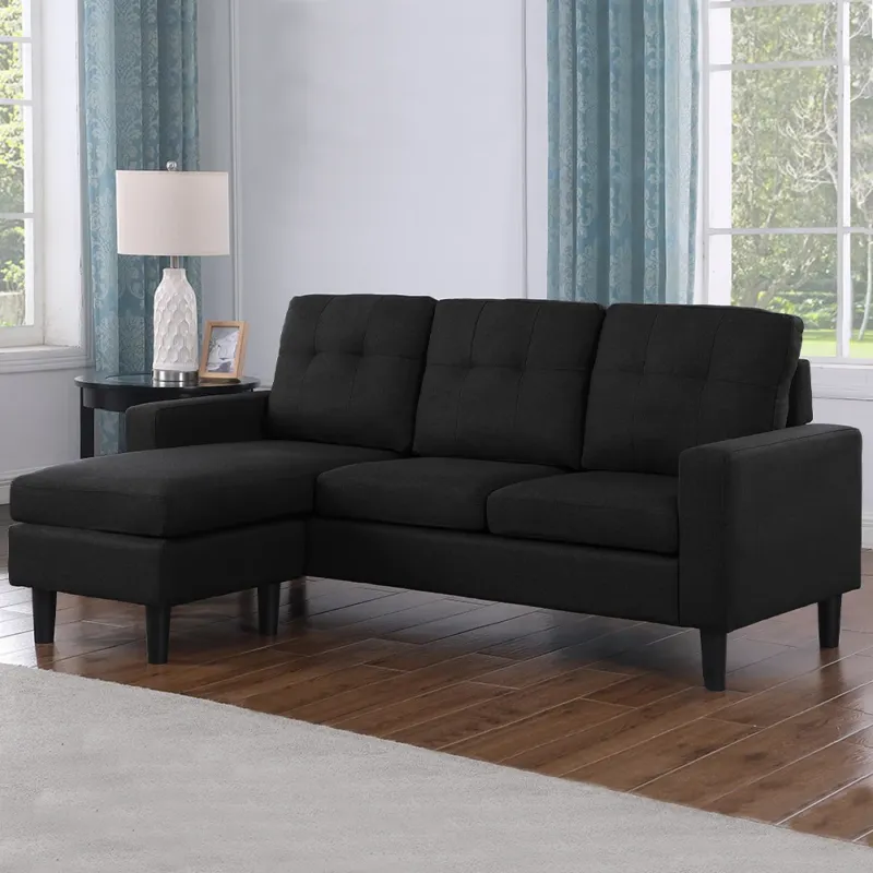 Divano con Penisola Reversibile Mobile e Cuscini Imbottiti Sofa 4 Posti Nero Esclusivo