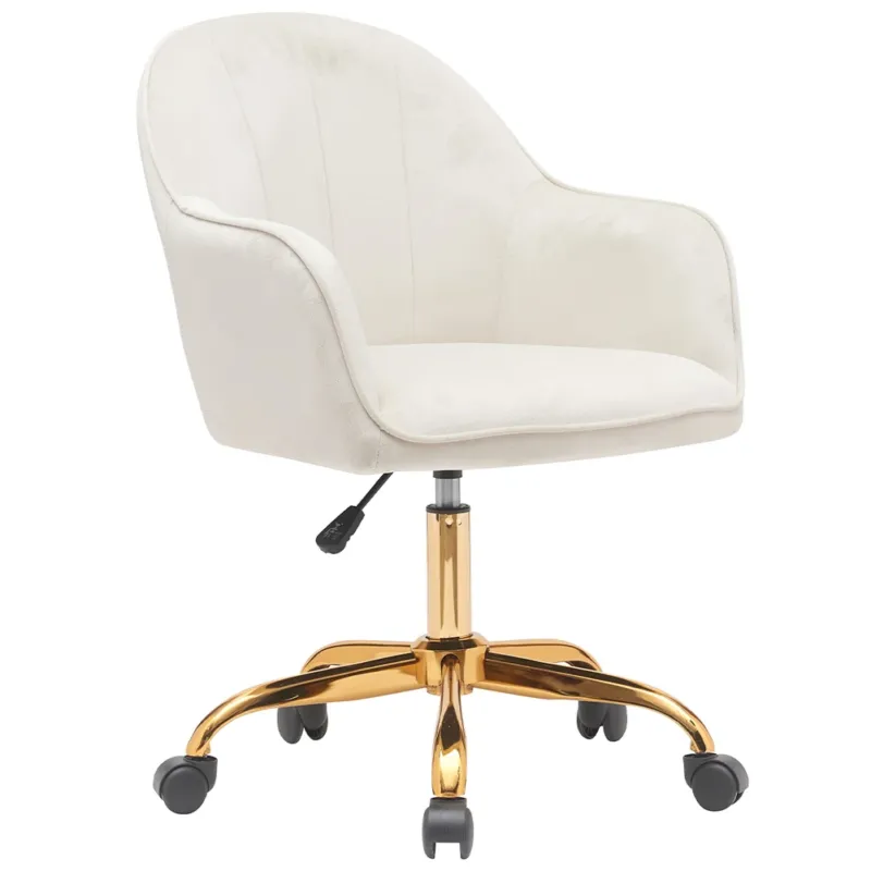 Sedia da Ufficio in Velluto Crema Poltrona Imbottita da Scrivania con Base Oro Professionale