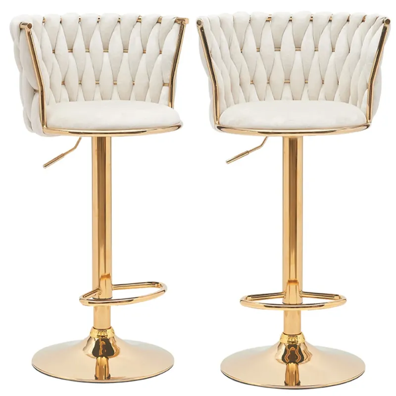 Set 2 Sgabelli da Cucina Schienale Intrecciato in Velluto Crema e Struttura Oro Pagamento Sicuro