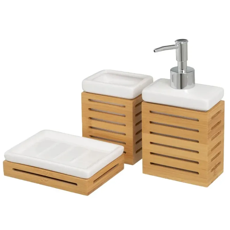 Set 3 Pezzi da Bagno in Ceramica e Bambù Dispenser Porta Spazzolini Bicchiere Bianco Legno Offerta Limitata