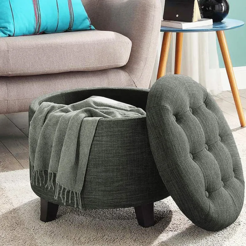 Nuovo Arrivo Pouf Contenitore Poggiapiedi in legno e tessuto Grigio Sgabello Baule scomparto