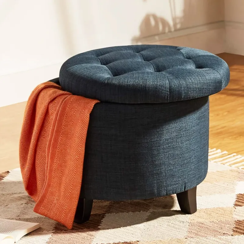 Offerta Speciale Pouf Contenitore Poggiapiedi in legno e tessuto Blu Sgabello Baule con scomparto