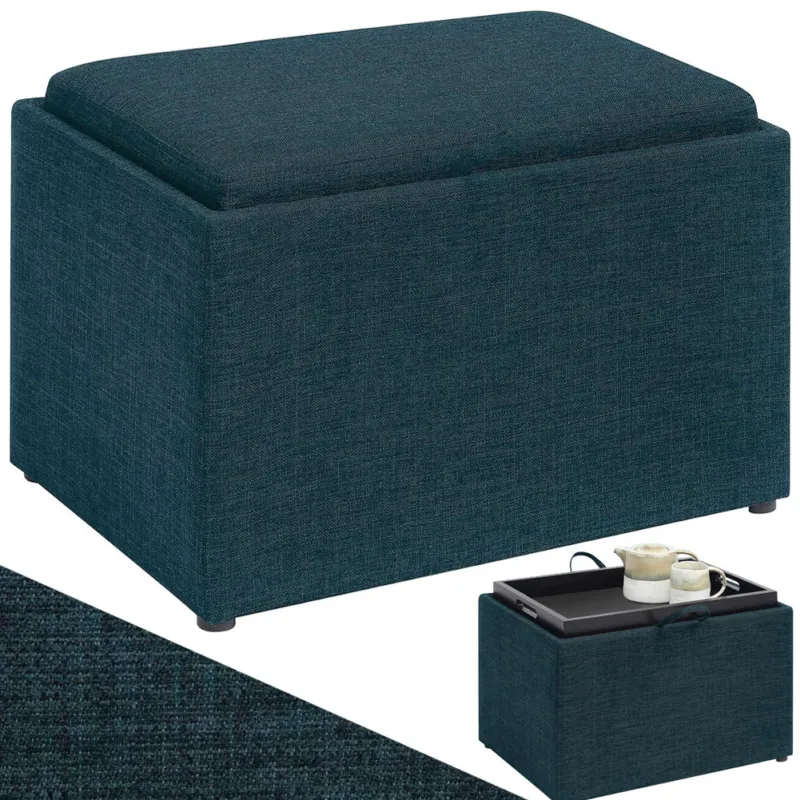 Reso Gratuito Pouf Contenitore Poggiapiedi in legno e tessuto Blu Rettangolare con scomparto