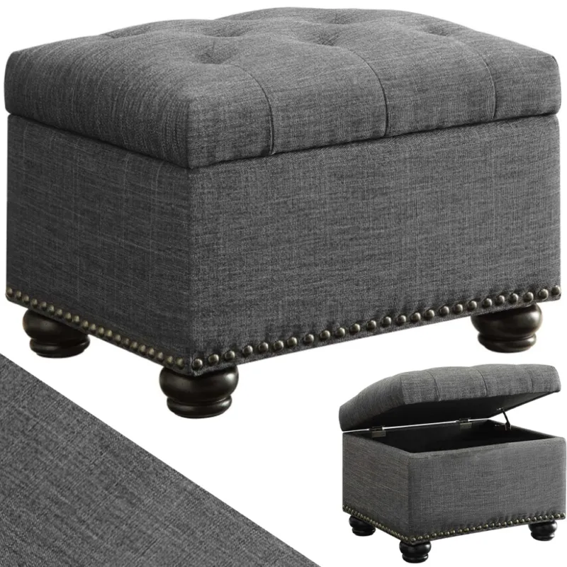 Nuova Collezione Pouf Contenitore Poggiapiedi in Tessuto Grigio Sgabello con Scomparto Interno