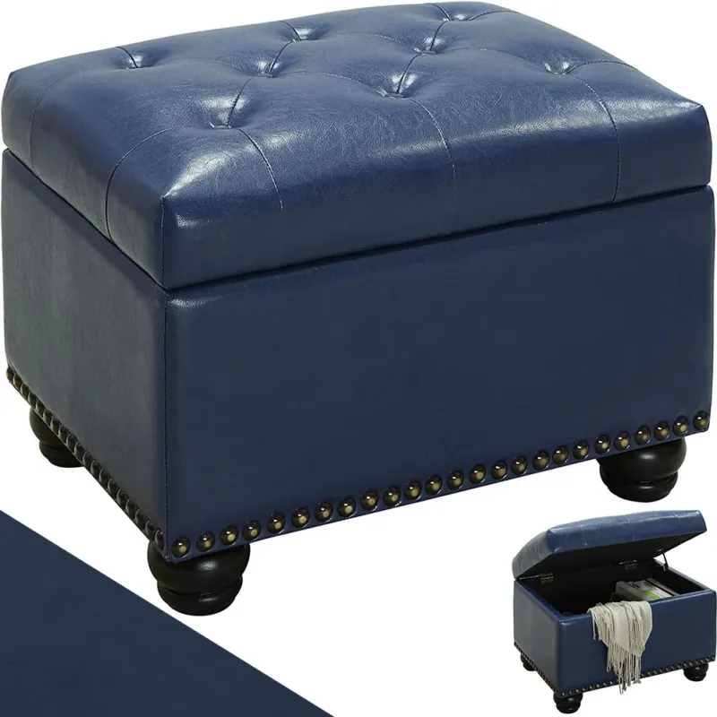 Esclusivo Pouf Contenitore Poggiapiedi in Ecopelle Blu Sgabello con Scomparto Interno
