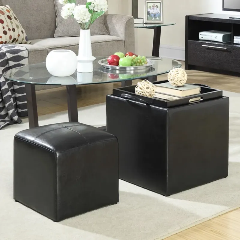 Set 2 Pouf Poggiapiedi in Ecopelle Nero Coperchio 2 in 1 Sgabello con Scomparto Affare