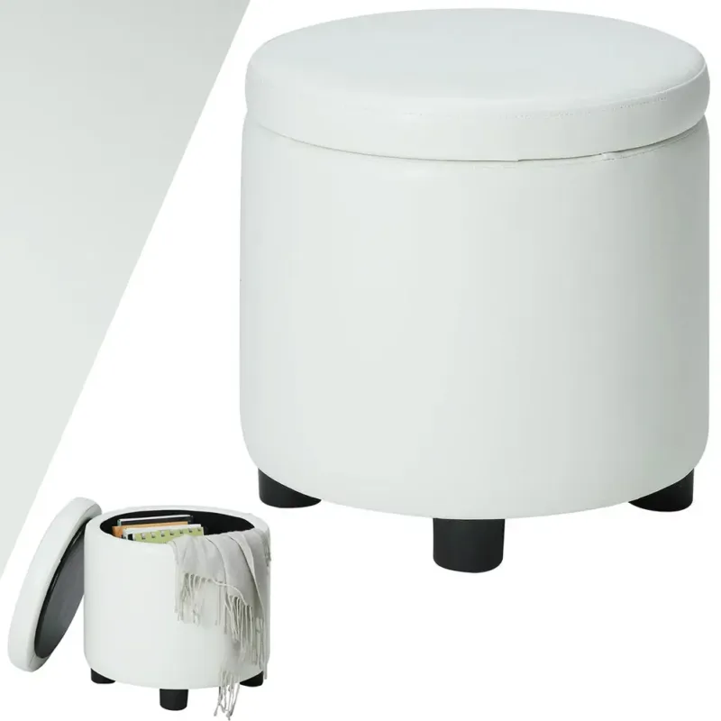 Prezzo Basso Pouf Contenitore Poggiapiedi in Ecopelle Bianco Sgabello Apribile 40x40x40.5 cm