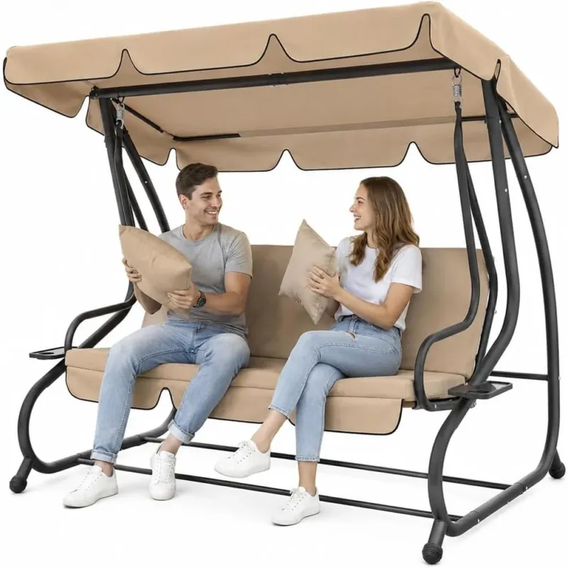 Prezzo Ridotto Dondolo Letto da Giardino 3 Posti Tetto Reclinabile Cuscini Beige 200x126x170 cm