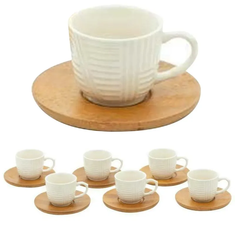 Acquista Ora Servizio Set 6 Tazzine da Caffe Tazzina in Ceramica con Piattino Legno di Bambu