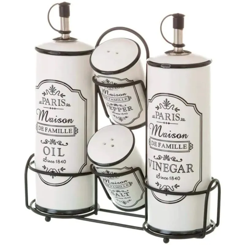 Set Oliera 4 Pezzi Olio Aceto Sale Pepe in Ceramica con Stand in Metallo Tavola Subito Disponibile
