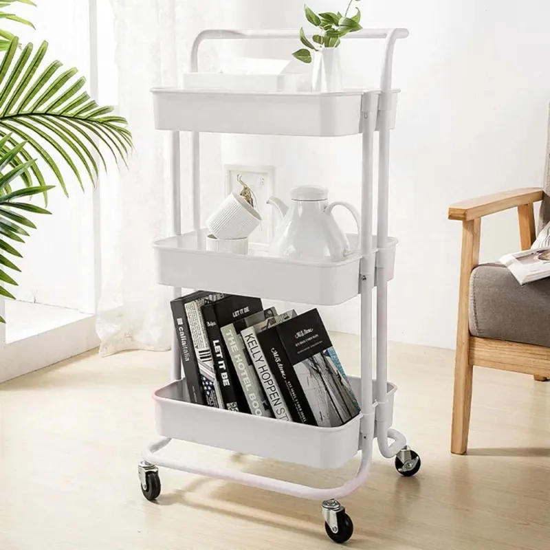 Compra Oggi Stesso Carrello Trolley Cucina in Metallo 3 Ripiani 43x36x85 4 Ruote Salvaspazio Bianco