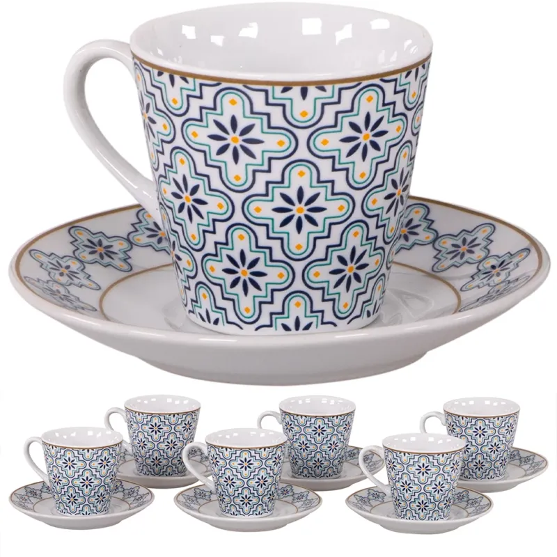 Set 6 Tazzine da Caffè 80CC in Porcellana con Piattini Tazze con Decorazione Blu Prezzo Basso