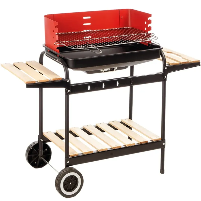 Economico Barbecue Trolley a Carbonella In Metallo e Legno BBQ Braciere Portatile Ripiani