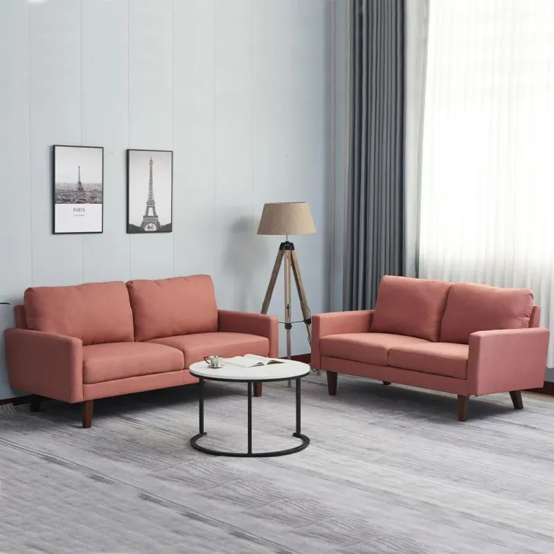 Set 2 Divani in Lino Divano e Divanetto per Salotto con Gambe di Legno Corallo Prezzo Basso