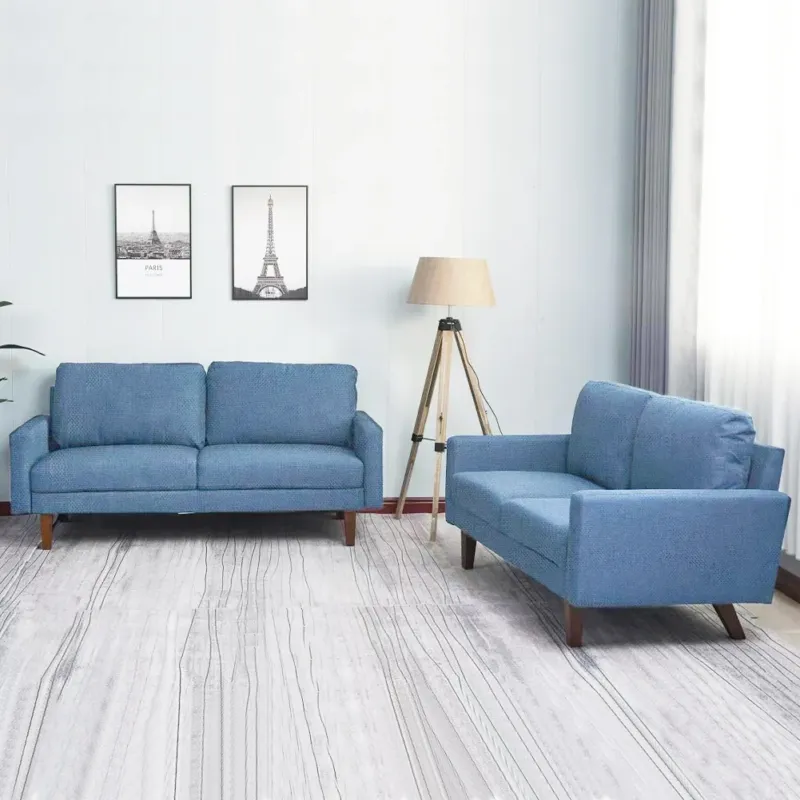 Set 2 Divani in Lino Divano e Divanetto per Salotto con Gambe di Legno Blu Bestseller