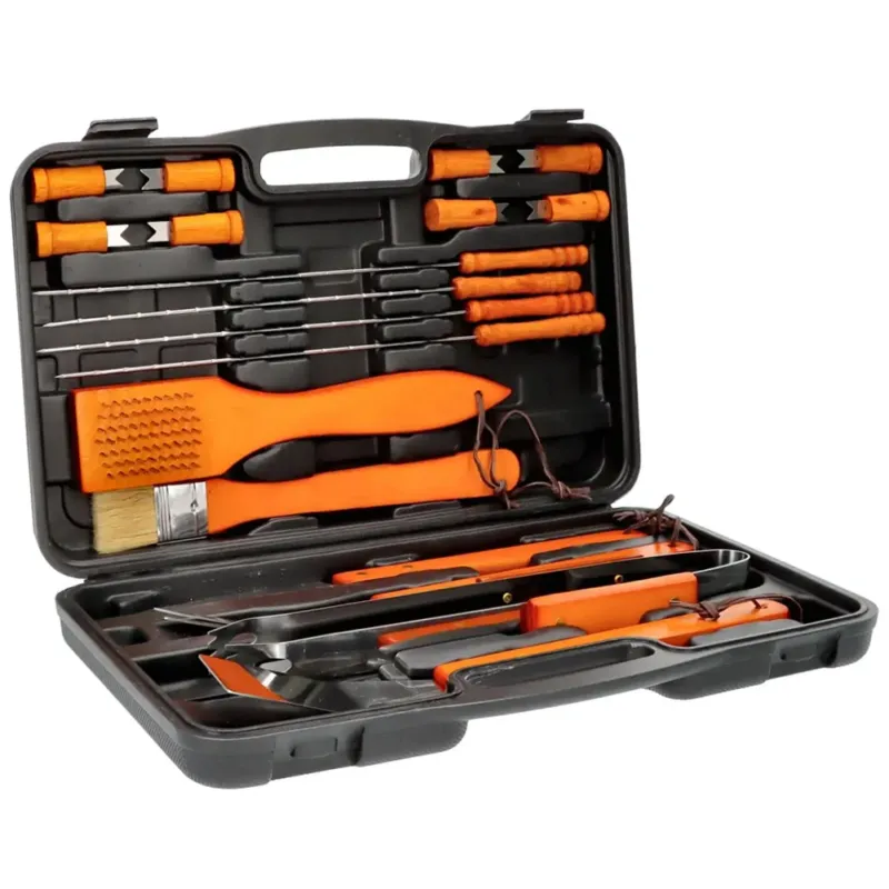 Set Barbecue 18 Pezzi con Valigetta BBQ Grill Acciaio Inossidabile Manico Legno Scelto Dai Clienti