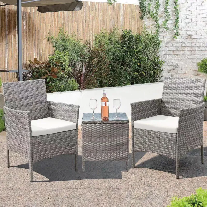 Prezzo Ridotto Set da Giardino Grigio 2 Poltrone + Tavolino Rattan x Esterno con Cuscini Beige