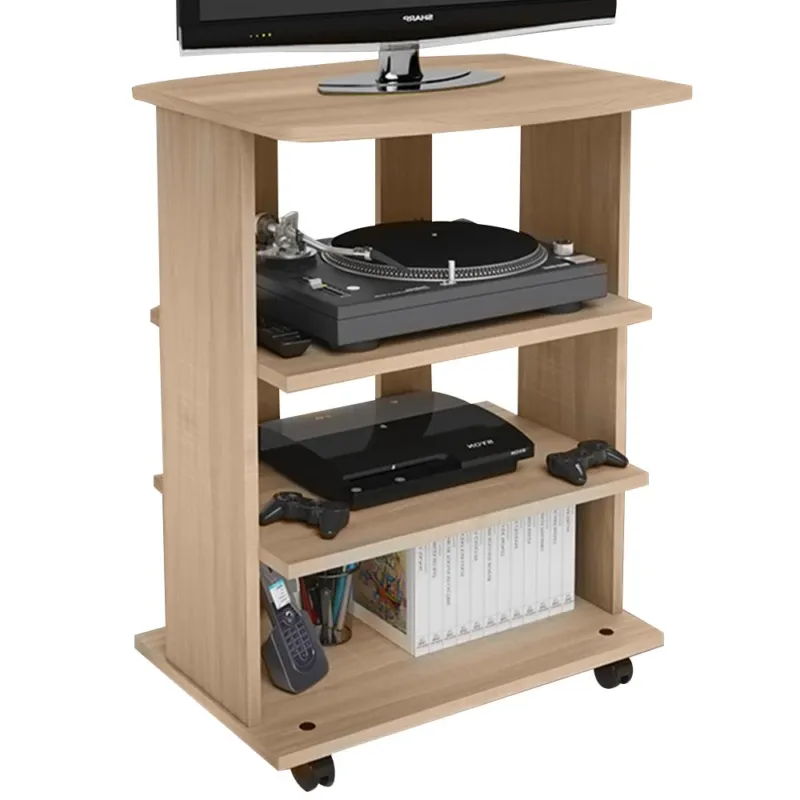 Mobile TV in Legno con 3 Ripiani e Ruote Mobiletto Carrello televisore Quercia Prezzo Ridotto