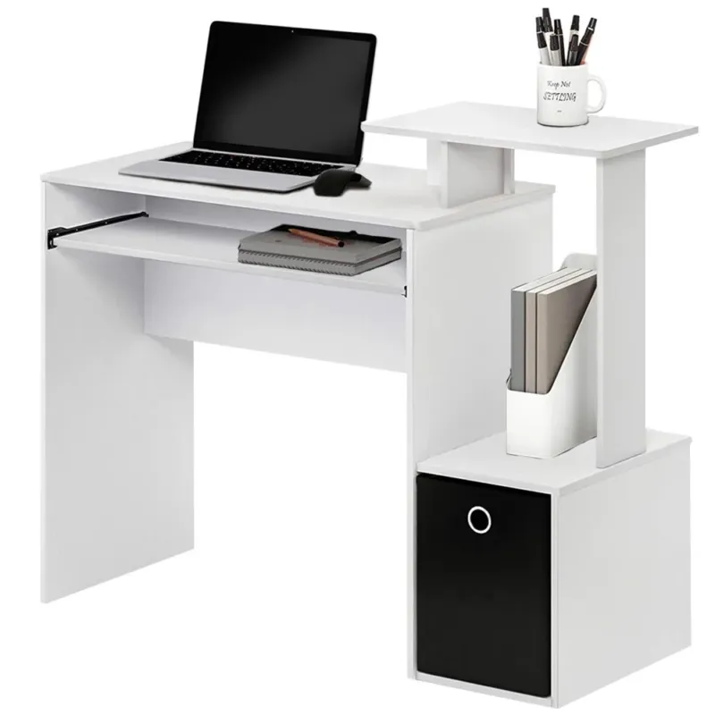 Scrivania con Cassetto in Tessuto Tavolo Porta PC Computer con Mensola Bianco Promo Stagionale