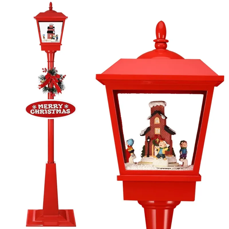 Lampione Natale con Luce LED Scena Natalizia Motorizzata Neve Musica 180cm Rosso Saldi