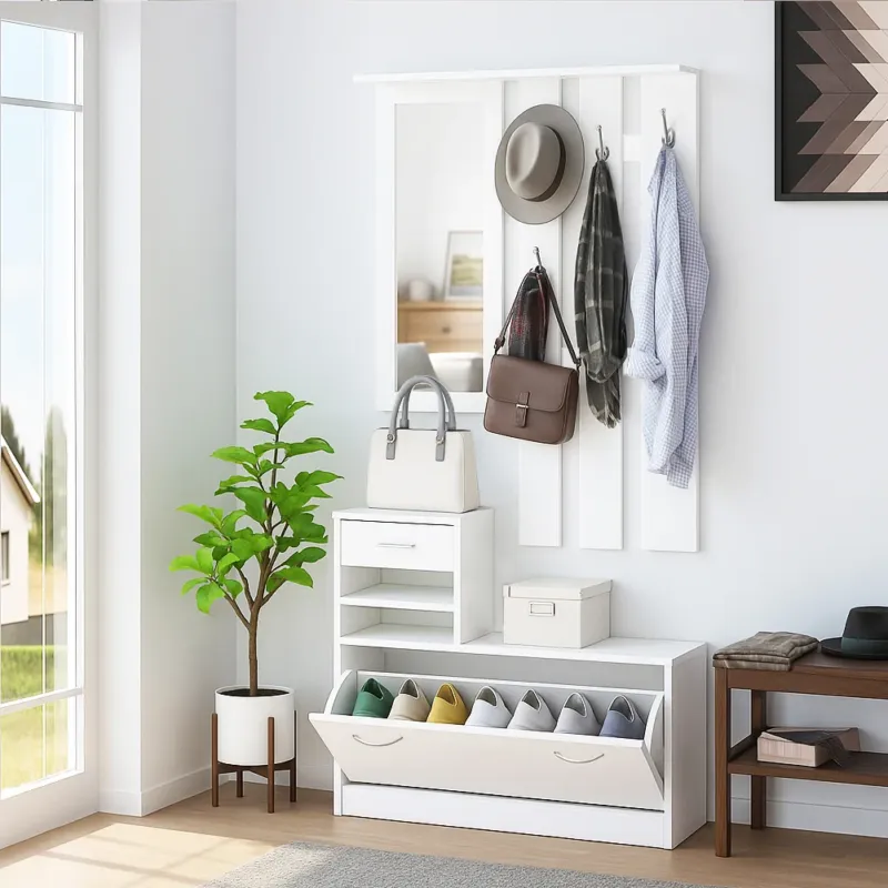 Set Mobili da Ingresso con Appendiabiti a 6 Ganci Scarpiera con Specchio Bianco Prezzo Basso