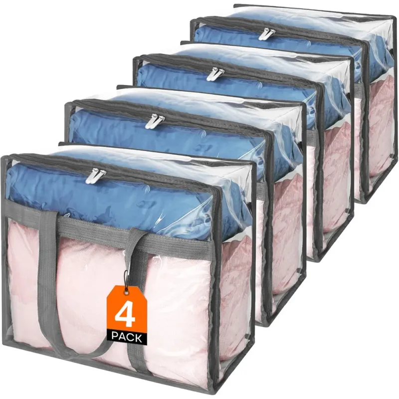Quantità Limitata Set 4 Sacchetti Trasparenti in PVC 45x38x23 cm con Cerniere e Manici Rinforzati