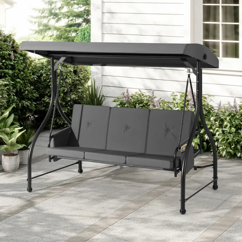 Dondolo Letto Altalena XL a 3 Posti Grigio Tetto Parasole Regolabile da Giardino Economico